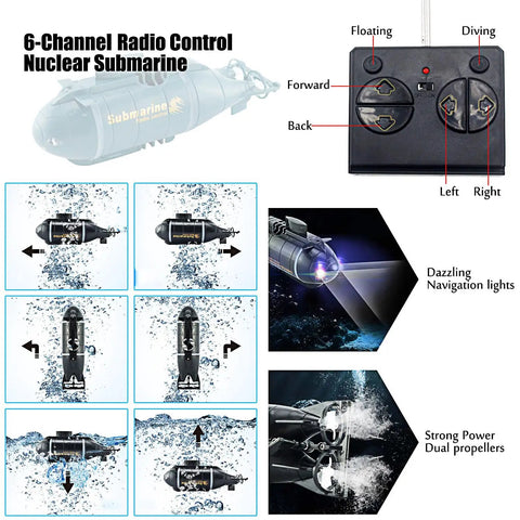 Mini RC Nuclear Submarine Toy Remote Control Boat With Realistic Dive Function And Surface Modes For Serious Ocean Play 6 Channel Water Toy showing control instructions.