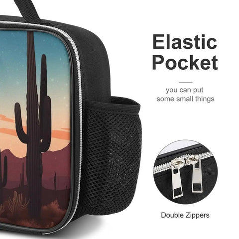 Insulated Desert With Cactus Lunch Box With Leakproof Design Reusable Lunch Tote Bag showcasing elastic pocket and zippers
