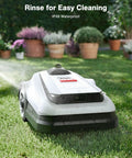 Goat A3000 LiDAR Robot Lawn Mower With Dual LiDAR Navigation for Large Yards under rinse on grass, highlighting IPX6 waterproof feature.