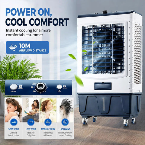 Portable Evaporative Air Cooler With Mechanical Knobs And Auto Swing, Three Speeds Pump Out Kickin Cool Airflow For Bedroom Or Studio Setup, Sweet Easy Glide Design Chases Away Sticky Summer Days In Seconds, showing base and control panel.