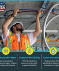 Worker installing Red PEX B Pipe Half Inch Flexible Water Tubing for plumbing, showcasing freeze resistance and flexibility benefits.