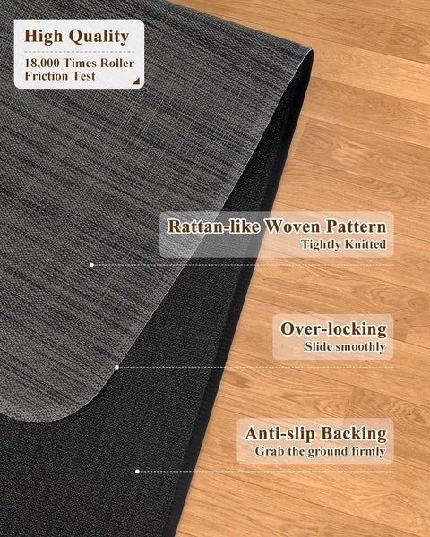 Black Big Non Slip Office Chair Mat For Hardwood Floors 35.4 X 47.2 Inches showing rattan pattern and anti-slip backing, placed on wooden floor.