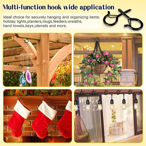 Heavy Duty Outdoor String Light Hooks 52 Pack Q Hanger Ceiling Hooks With Safety Buckle Black displaying multiple uses