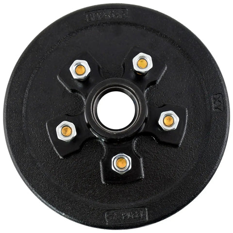 Built To Rock 10 X 2-1/4 Inch Trailer Brake Drum And Hub Assembly For 3500 Lbs Axle featuring a black finish and five bolt holes.
