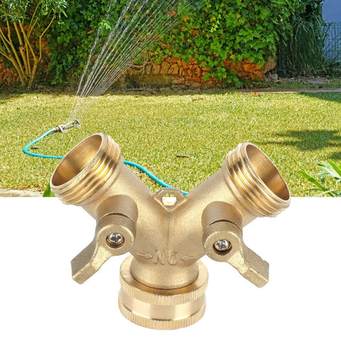 Solid Brass Y Shape Garden Hose Splitter With Leakproof Shut Off Valve For Effortless 2 Way Water Control And Easy Repair Kit Installation On Any Standard Hose, brass hose splitter on lawn