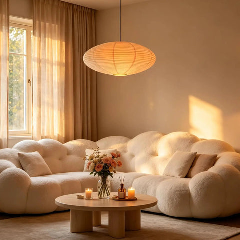 20 Inch Oval Paper Lantern Pendant Light White Rice Paper Ceiling Lamp Japanese Style in warm living room with white couch.