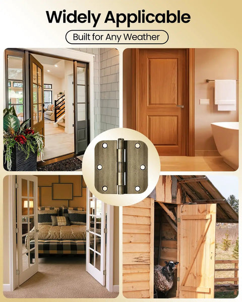 Collage showing Antique Brass Interior Door Hinges 3 1/2 Inch With 5/8 Inch Radius, 18 Pack on various doors.