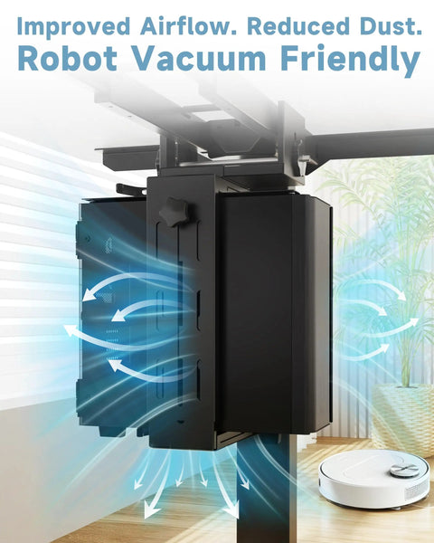 Heavy Duty Under Desk PC Mount Featuring Zero Drill Hassle For Adjustable Standing Workstations showing airflow design and robot vacuum compatibility.