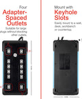 Turn One Outlet Into Twelve With Tethered USB Ports Surge Protector, 8 Ft Cord, Flat Plug, 4320 Joules, Power Filter, Circuit Breaker, UL Listed, Black, Extra Wide Spaced Outlets, Warranty Included front and rear view, highlighting adapter-spaced outlets and keyhole slots.