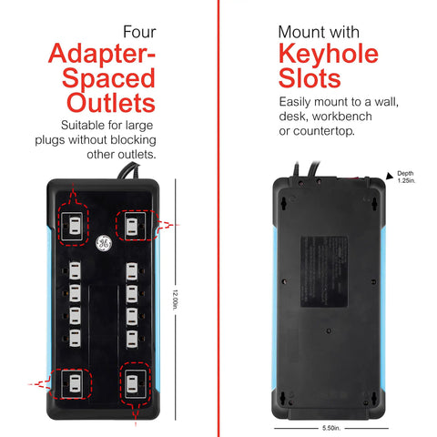 Turn One Outlet Into Twelve With Tethered USB Ports Surge Protector, 8 Ft Cord, Flat Plug, 4320 Joules, Power Filter, Circuit Breaker, UL Listed, Black, Extra Wide Spaced Outlets, Warranty Included front and rear view, highlighting adapter-spaced outlets and keyhole slots.