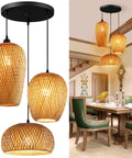 Bamboo Wicker Rattan Three Head Ceiling Light Fixture With E26 And E27 Base Retro Rustic Farmhouse Chandelier over dining room