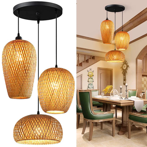 Bamboo Wicker Rattan Three Head Ceiling Light Fixture With E26 And E27 Base Retro Rustic Farmhouse Chandelier over dining room