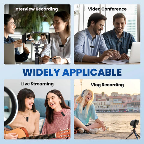 People using Universal 3 In 1 Wireless Lavalier Microphone With Lightning USB C And USB A for interviews, video calls, live streaming, and vlogs.