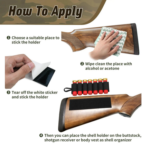 Instructions showing application of 4 Packs 7 Rounds 12 And 20 Gauge Tactical Shotgun Shell Holder with Adhesive Side Saddle