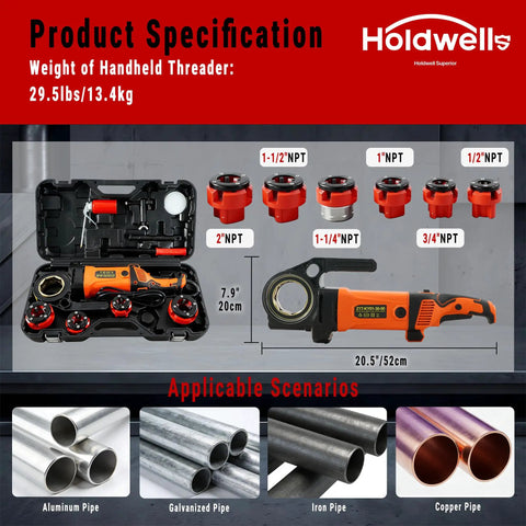Heavy Duty Electric Pipe Threader Kit with 2300W Copper Motor, 6 NPT Dies and Carry Case, shown with pipe material examples