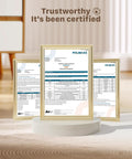 Certification documents for Stainless Steel Cat Water Fountain With 74oz Capacity For Hydration displayed in gold frames.