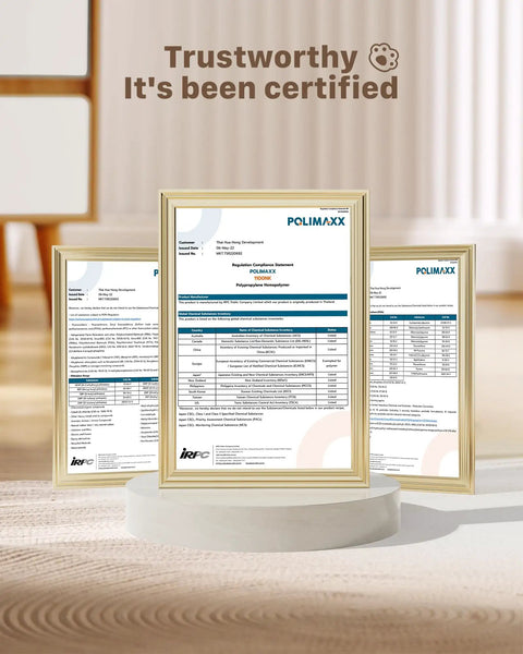 Certification documents for Stainless Steel Cat Water Fountain With 74oz Capacity For Hydration displayed in gold frames.