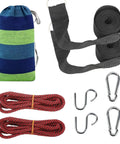Components of Beefy Heavy Duty Two Person Camping Hammock With 660 Lb Capacity, including straps, carabiners, ropes, and carry bag