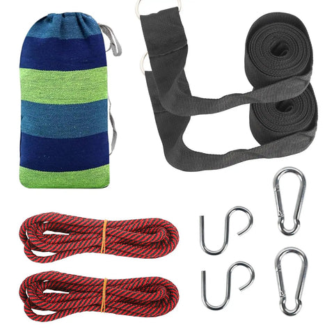 Components of Beefy Heavy Duty Two Person Camping Hammock With 660 Lb Capacity, including straps, carabiners, ropes, and carry bag