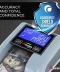 Fast Automatic Currency Counter And Counterfeit Detector With UV MG IR Sensors All Orientation Feeding Rechargeable Battery Pass Fail Detection 3.5 Inch Display High Accuracy And Low False Reject Rate showing clear display and counting features