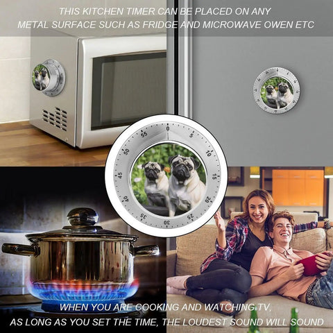 Countdown Timer With Rotating Dial Multi Functional Timekeeper shown on appliances and in home settings with pug photo insert