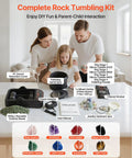 Family using Pro Grade Rock Tumbler Kit 3 lb capacity with four speeds, 1 to 9 day timer, direct drive motor, TPU drum, sound reduction cover.