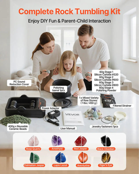 Family using Pro Grade Rock Tumbler Kit 3 lb capacity with four speeds, 1 to 9 day timer, direct drive motor, TPU drum, sound reduction cover.