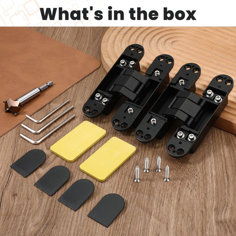 Contents of Invisible Hidden Door Hinge Set 6 Inch Concealed Hinges 2 Pack with screws and tools on wooden surface