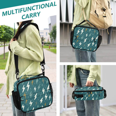 Lightning Bolt Insulated Lunch Bag For Kids And Adults With Sturdy Shoulder Straps, Grab And Go Portable Cooler Lunch Box With Roomy Main Compartment And Side Pockets, Perfect For School Office Travel And Everyday Use, teal lightning print
