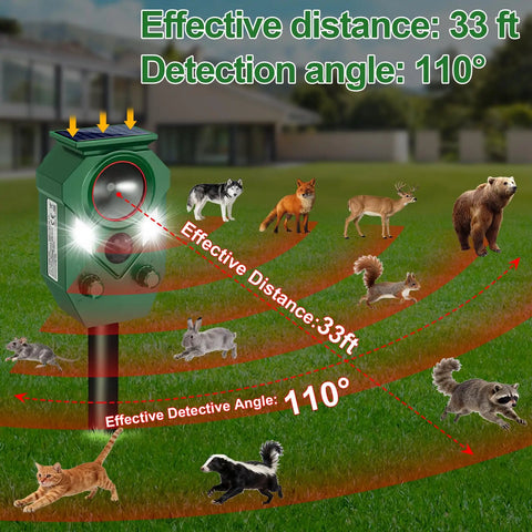 Outdoor Ultrasonic Animal Deterrent With PIR Sensor And Flashing Light Motion Activated Solar Powered Critter Repellent For Cat Deer Squirrel Raccoon Rabbit Skunk And Dog Yard Protection IP65 Waterproof 1 Pack, green, 33 ft range, 110° coverage
