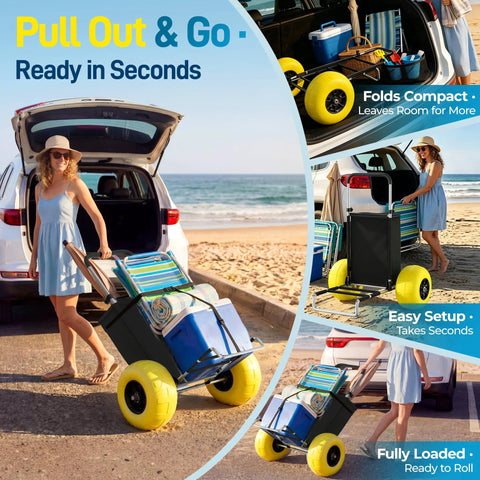Heavy Duty Beach Wagon With 13 Inch Solid TPU Wheels, 352 Lb Capacity, Foldable Aluminum Wagon Dolly on beach