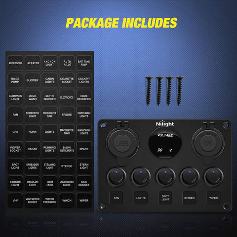 Five Gang Rocker Switch Panel With Dual USB Charger, LED Voltmeter, 12V 24V On Off SPST Toggle, waterproof panel with 4 screws