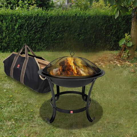 Extra Large Fire Pit BBQ Grill Bowl With Mesh Spark Screen Cover, Poker And Tote Bag, Log Grate Included, Elevated Design