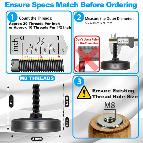 Installation guide for Sturdy True Metric M8 Heavy Duty Leveling Feet with illustrated measurements and thread details.