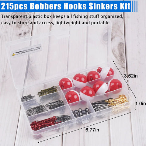 All In One Beginner Fishing Tackle Kit With 215 Pieces In An Organized Tackle Box, Includes Hooks, Bobbers, Sinker Weights