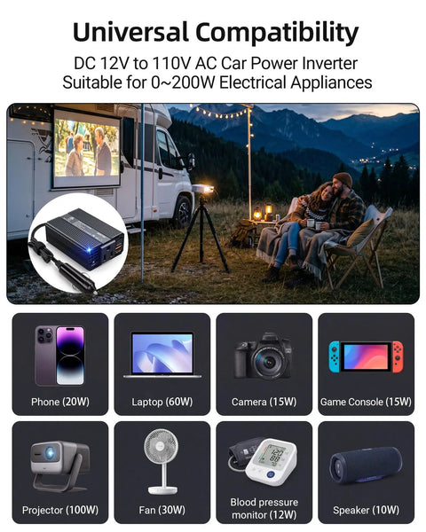 Heavy Duty 200W Car Power Inverter 12V To 120V AC Cigarette Lighter Plug And Play Rig Ready Setup with various devices outdoors.