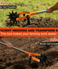 Beast 72 Inch Rotary Cultivator With Long Adjustable Handle in garden shown before and after soil tilling