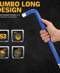 Hand holding a Beefy Long Ball End Hex Key Set 13-Piece Metric 2 To 19mm S2 Steel With Chrome Finish, jumbo design for torque.