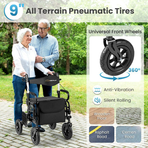 Elderly couple using 2 In 1 Folding Rollator Walker And Wheelchair Combo With Brakes For Seniors Aluminum Mobility Aid With 9 Inch Pneumatic All Terrain Tires