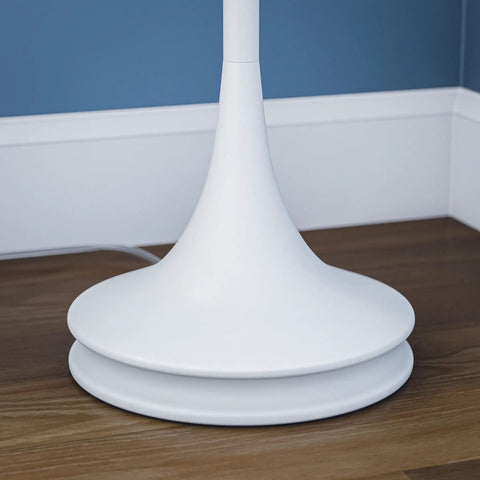 Base of Claiborne Floor Lamp With Gloss White Finish for a Clean Modern Vibe, close-up showing Nordic inspired style and subtle curves.