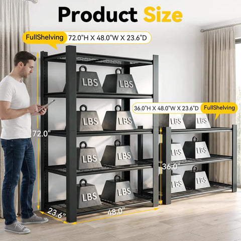 No Fuss Heavy Duty Five Tier Garage Shelving Unit Built Like A Tank Steel Storage Rack 72 X 48 X 24 Inches Adjustable Boltless Workshop Organizer For Tools And Gear Black displaying dimensions with weights.