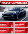 Tesla Model Y driving in winter, showcasing Heavy Duty High Voltage Battery Disconnect Pyro Fuse Compatible With Tesla Model 3 Model Y 2017 To 2022.