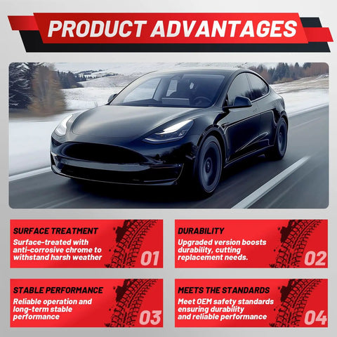 Tesla Model Y driving in winter, showcasing Heavy Duty High Voltage Battery Disconnect Pyro Fuse Compatible With Tesla Model 3 Model Y 2017 To 2022.