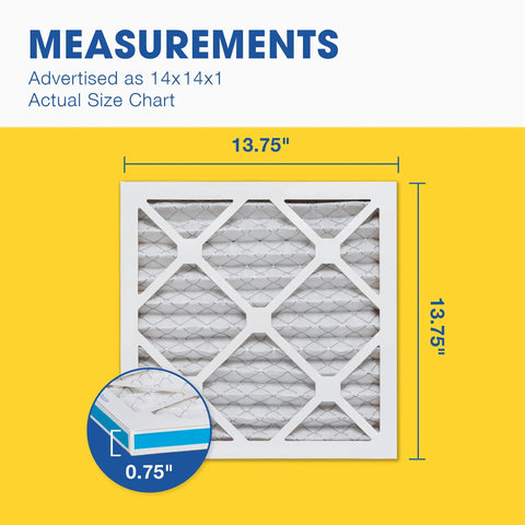 Dust Busting MERV 8 14x14x1 Air Filter 6 Pack With Actual Size 13.75x13.75x0.75 Dimensions Highlighted