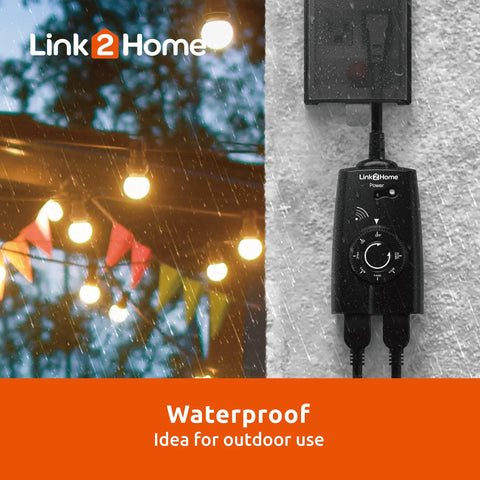 Heavy Duty Outdoor Weatherproof Dual Outlet Remote Control With Dusk To Dawn Sensor Programmable 24 Hour Timer mounted on wall.