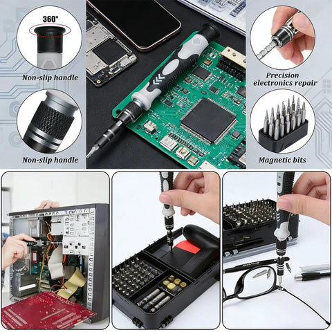 All In One Precision Screwdriver Set With Magnetic Bits And Storage Case, 115 In 1 Tool Kit in use for electronics and repairs.