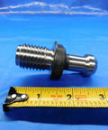 Pro Shop Grade Cat50 Mas1 Coolant Through Knuckle Pull Stud With 45 Degree Taper And Inch Eight Threads, side view with ruler for scale.