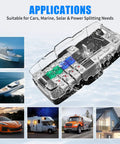 12V Fused Power Distribution Block For Car Stereo, 4-Way MIDI Fuse Block With Ground, Handles 0/2/4 GA In And 4/6/8 GA Out, Dual Positive Sides With Individual Fuses, Perfect For Auto, Marine, Boat And Solar Setups, shown with car, boat, RV and home use