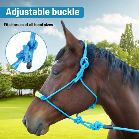 Lightweight Horse Rope Training Halter With Continuous Rope Reins No Breakable Hardware For Easy Use And Safe Handling Blue