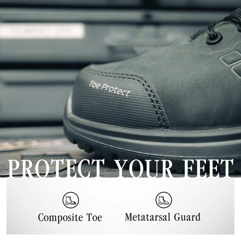 Built For The Grind Mens Composite Toe Work Boots Featuring Met Guard And Puncture Resistance, Non Slip Leather Safety Shoe For Rough Jobsites, Electrical Hazard Safe, Black Wide Fit
